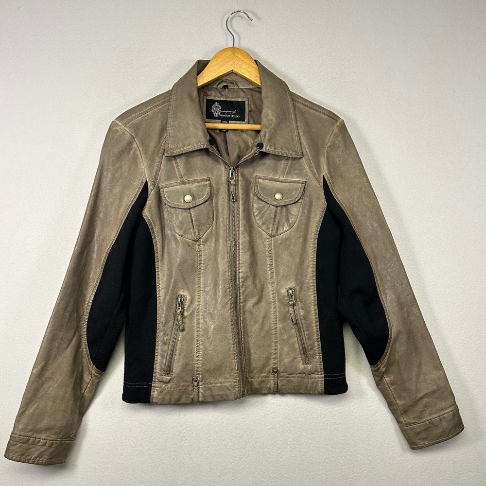 Moto Chic Signature Studio‎ Women Large Taupe Metallic Faux Leather Mixed Media
